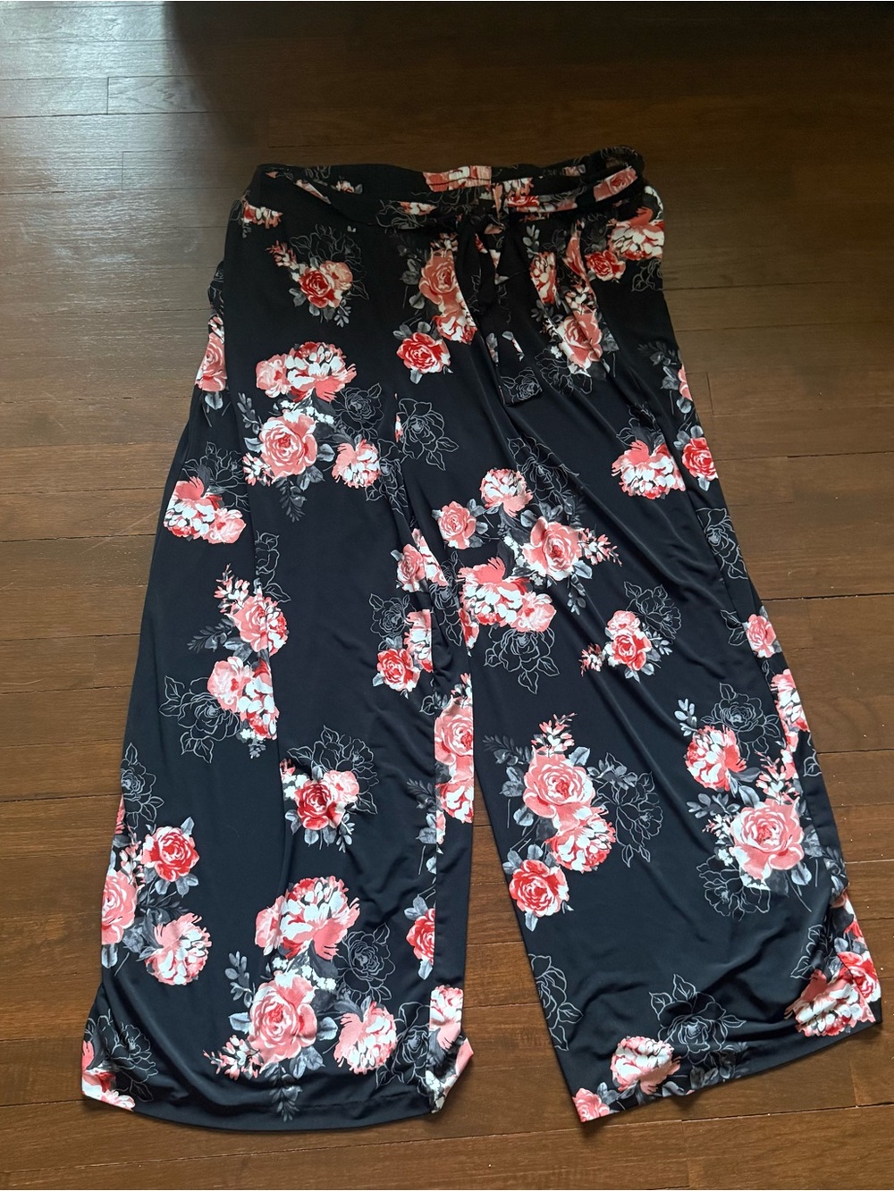 Black Wide Leg Floral Pants with Pink Roses